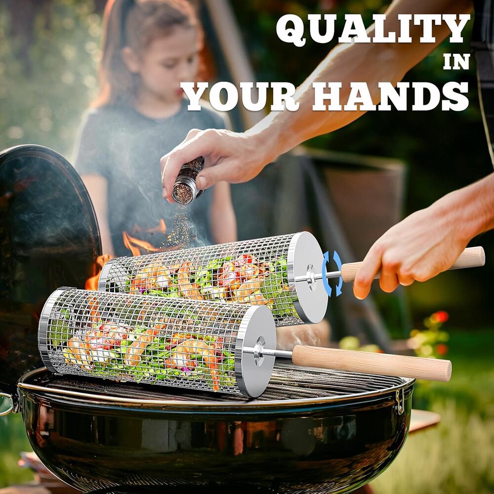 Rolling Grill Basket, Grilling Accessories, Outdoor Camping, Gifts for Men 304 S - Picture 3 of 5